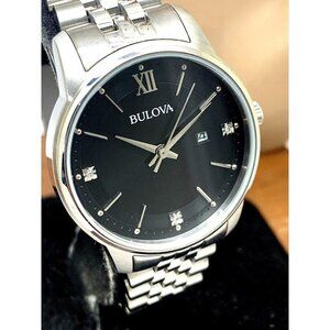 Bulova Women’s Watch 96P226 Silver Steel Diamond Black Dial Quartz 32mm